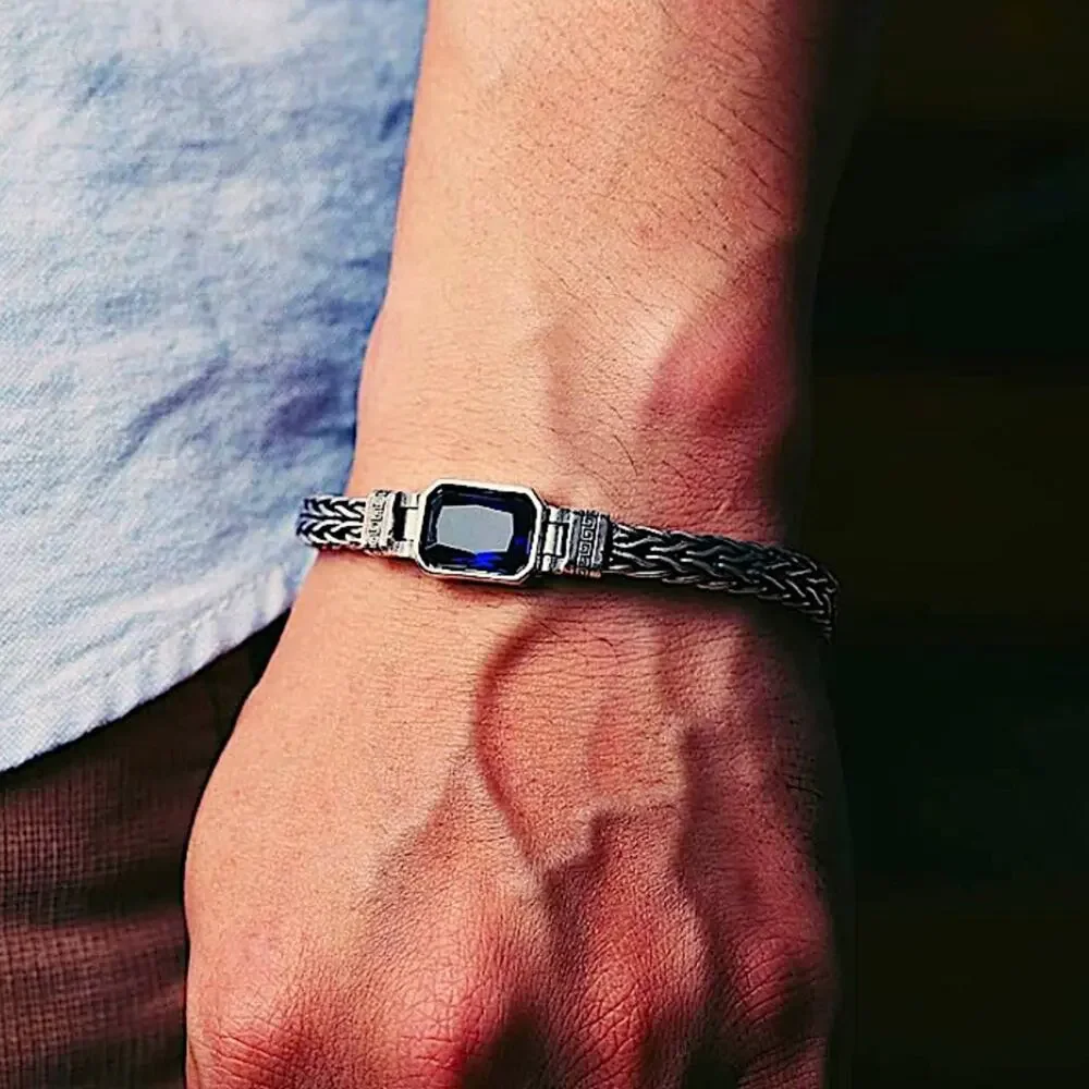 Sterling Silver Blue Zircon Braided Bracelet, Unisex, Handmade